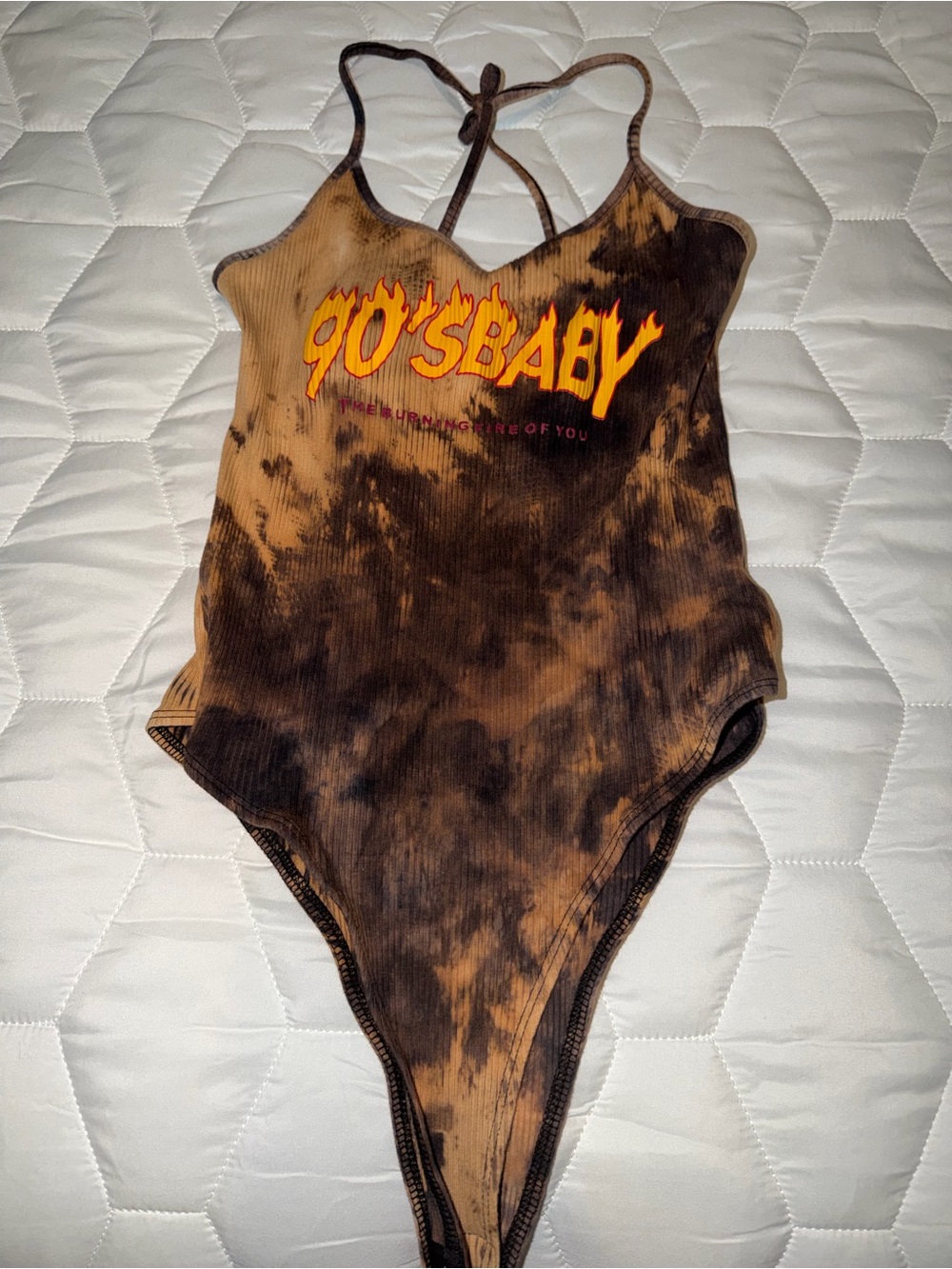 SHEIN Brown Tie-Dye Halter Bodysuit with Yellow-Orange Graphic